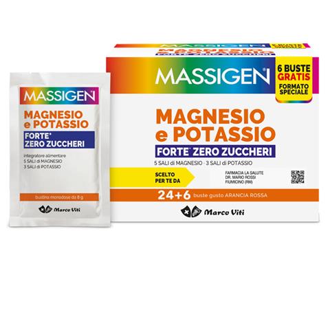 MARCO VITI FARMACEUTICI SPA MASSIGEN MAGNESIO POTASSIO FORTE ZERO ZUCCHERO 24 BUSTINE +6 BUSTINE MARCO VITI FARMACEUTICI SPA