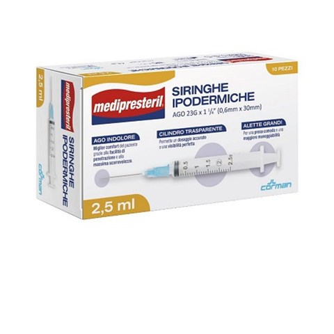 CORMAN SPA SIRINGA IPODERMICA MEDIPRESTERIL AGO 23 GAUGE 1 1/4 0,6X30MM2,5 ML 10 PEZZI CORMAN SPA