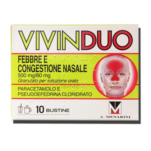 A.MENARINI IND.FARM.RIUN.SRL VIVINDUO FEBBRE E CONGESTIONE NASALE*orale 10 bustine 500 mg+ 60 mg A.MENARINI IND.FARM.RIUN.SRL